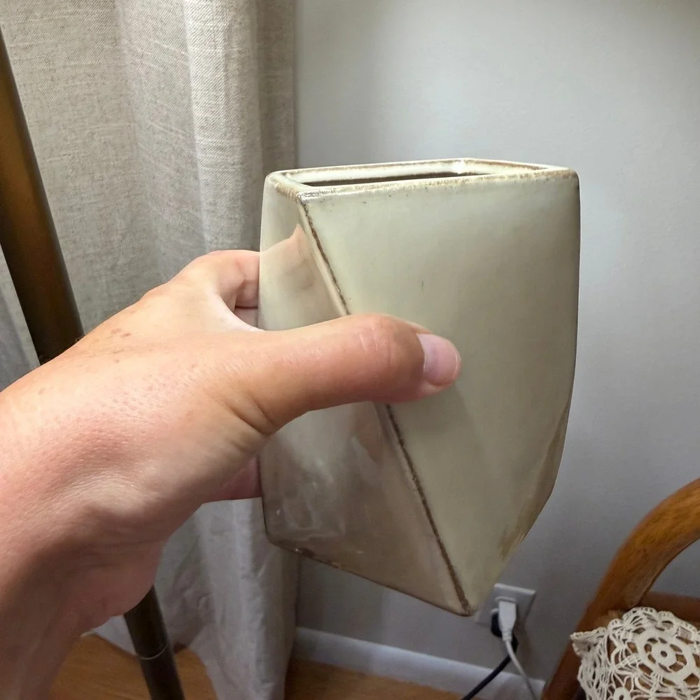 Modern Asymmetric Ceramic Vase Ivory Bronze Drip Glaze Geometric Wedge Decor